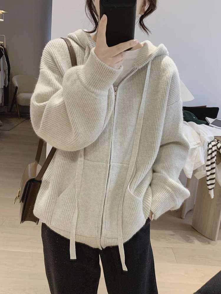  ゆったりオーバーサイズリブ編みジップパーカー