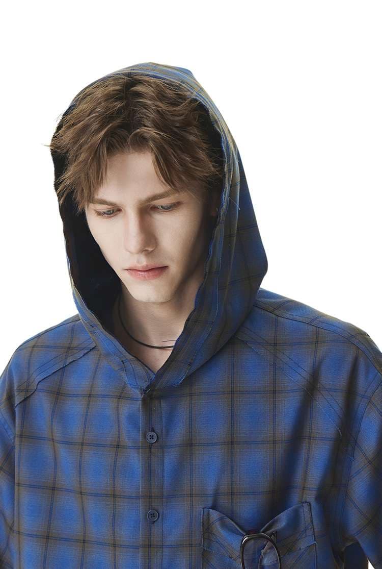 パーカー オーバーサイズフード付きチェック柄シャツ