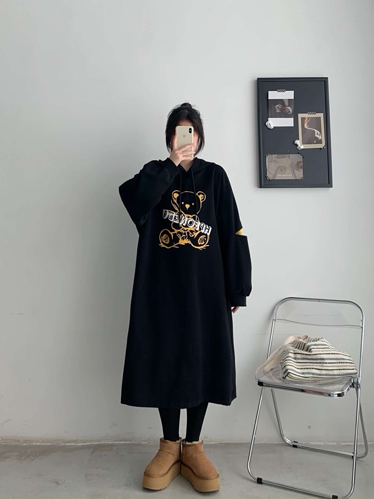 くまさん刺繍ゆったりパーカーワンピ