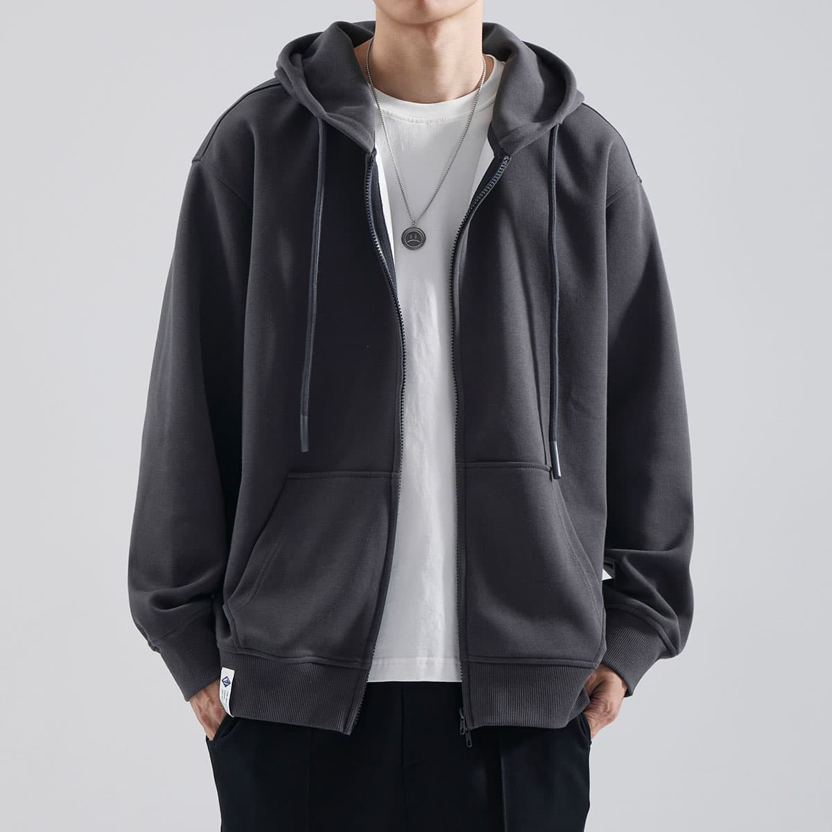 シンプル必須品 ゆったりジップパーカー