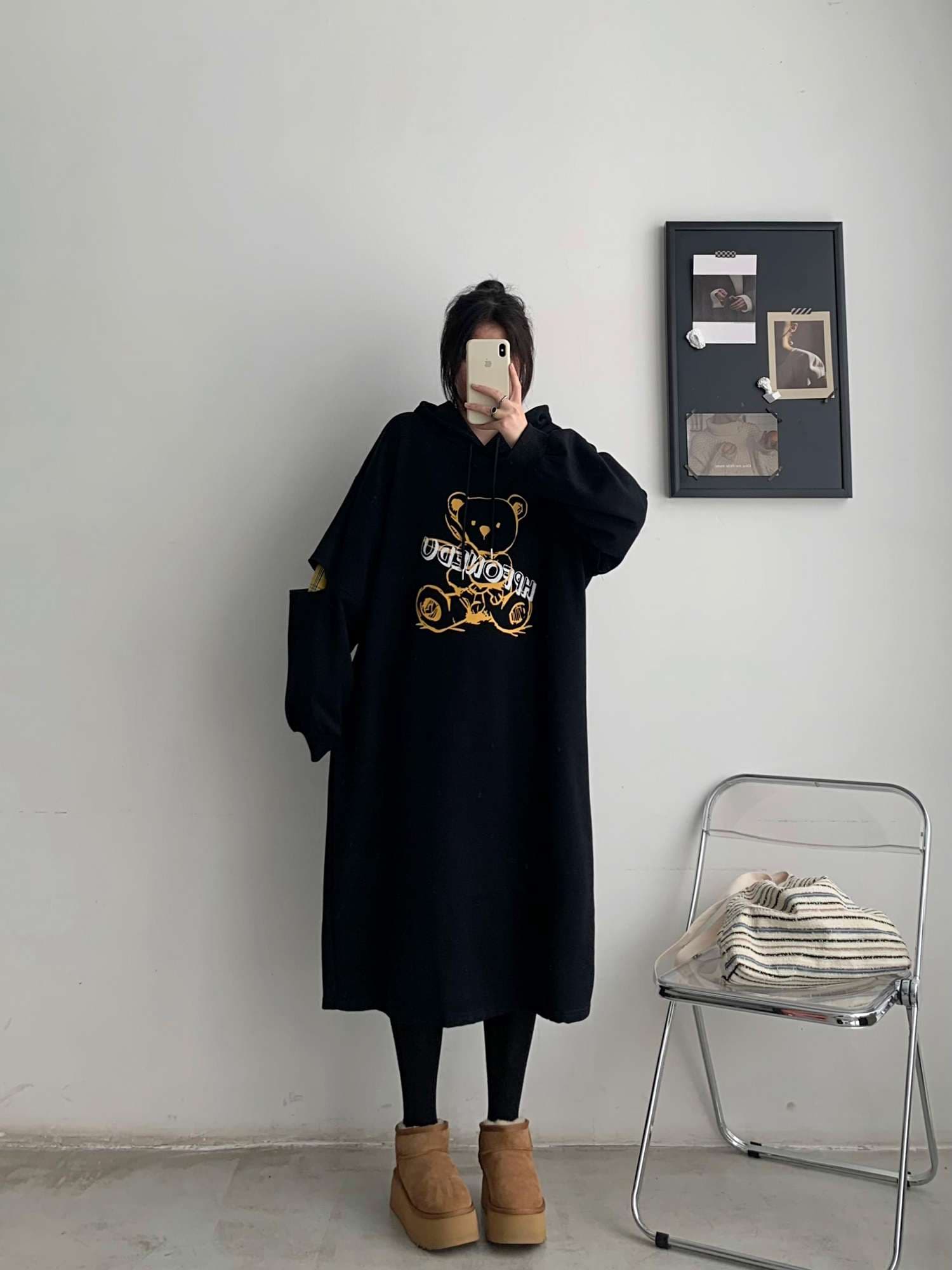 くまさん刺繍ゆったりパーカーワンピ