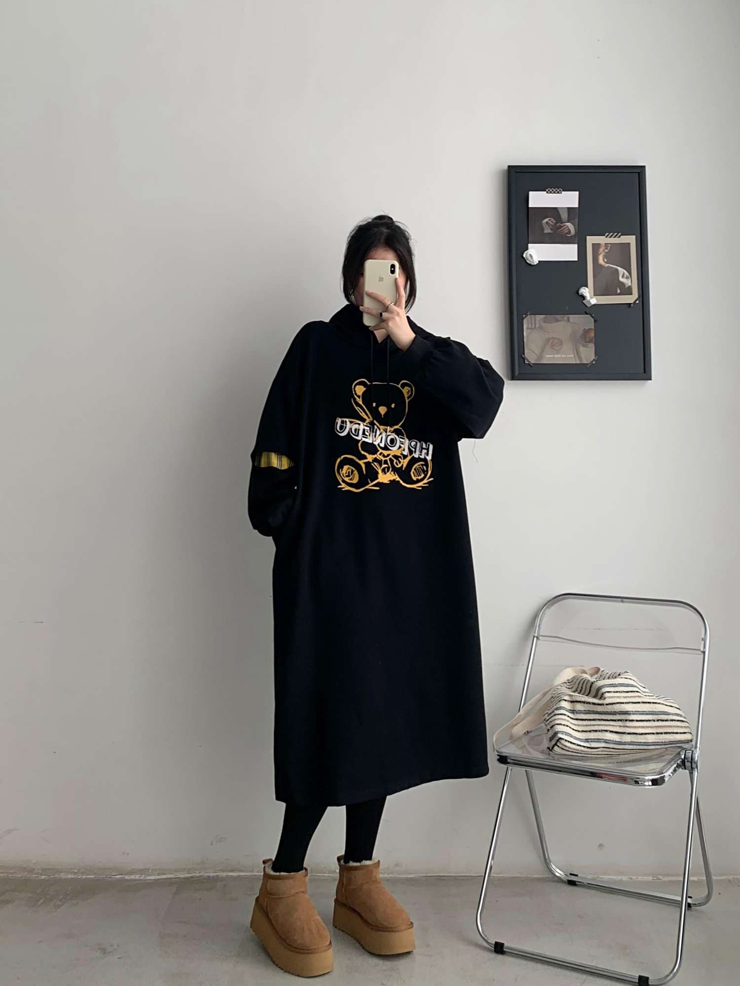 くまさん刺繍ゆったりパーカーワンピ