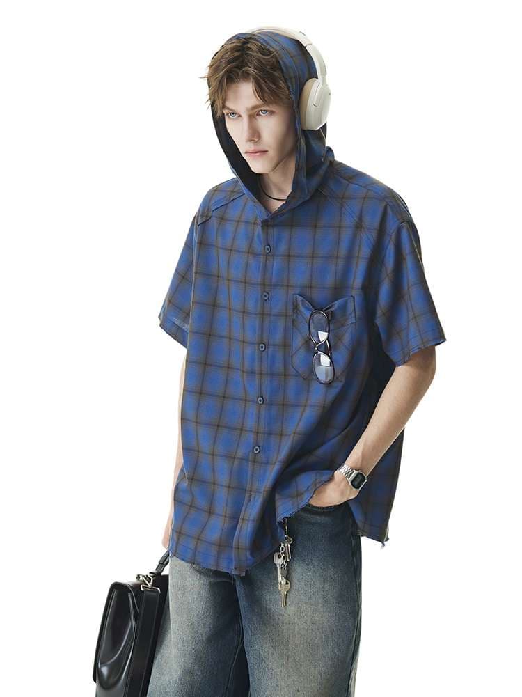 パーカー オーバーサイズフード付きチェック柄シャツ