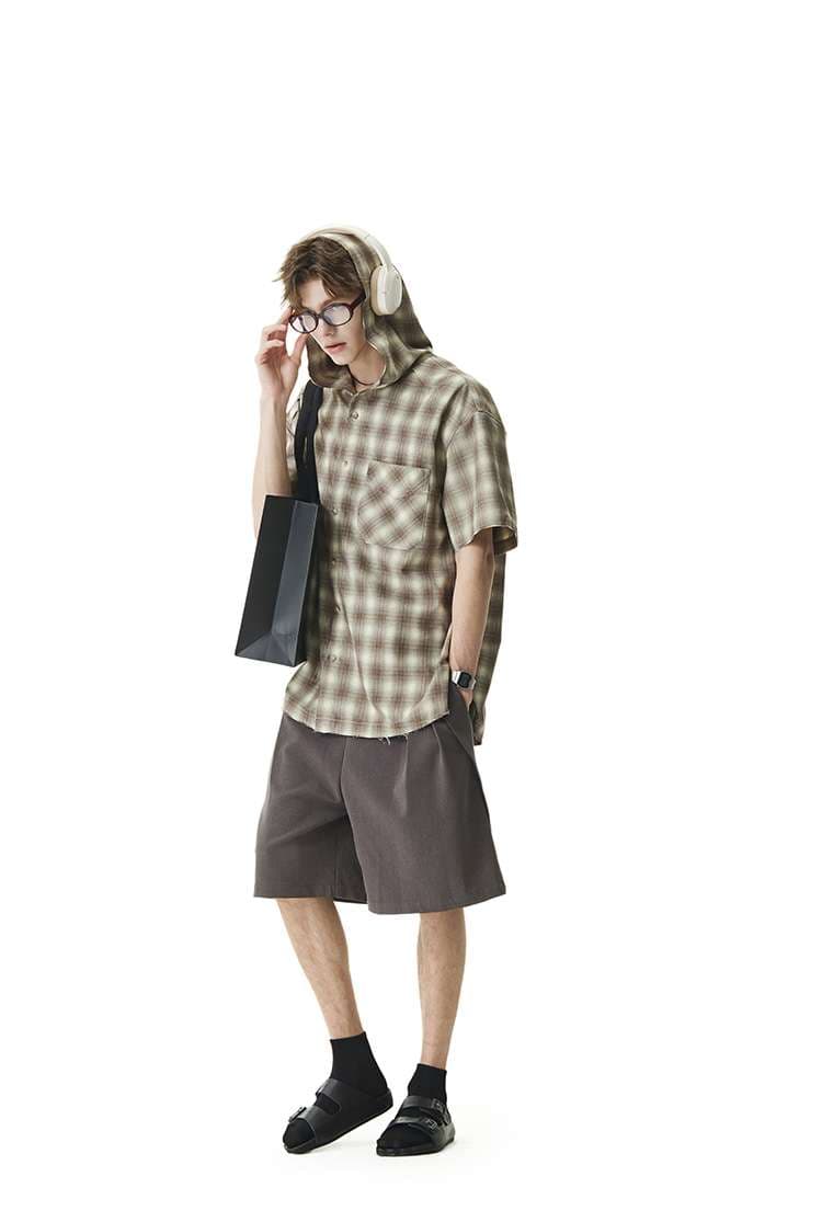 パーカー オーバーサイズフード付きチェック柄シャツ