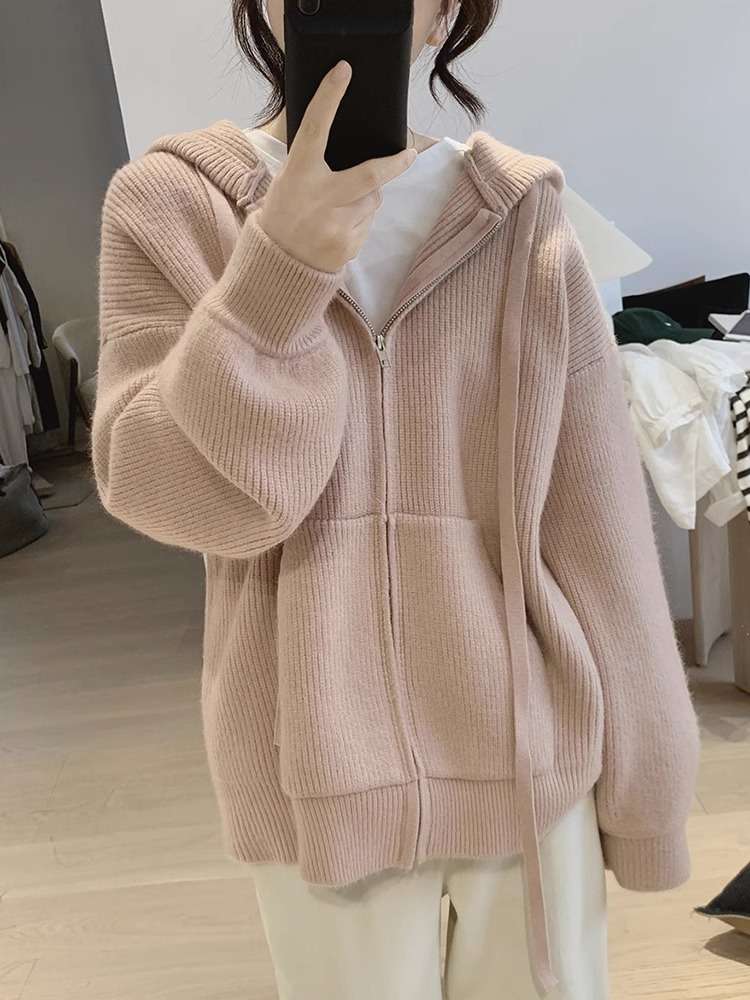  ゆったりオーバーサイズリブ編みジップパーカー