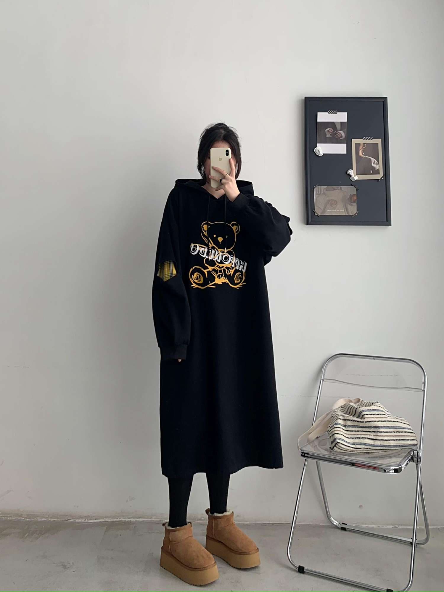 くまさん刺繍ゆったりパーカーワンピ