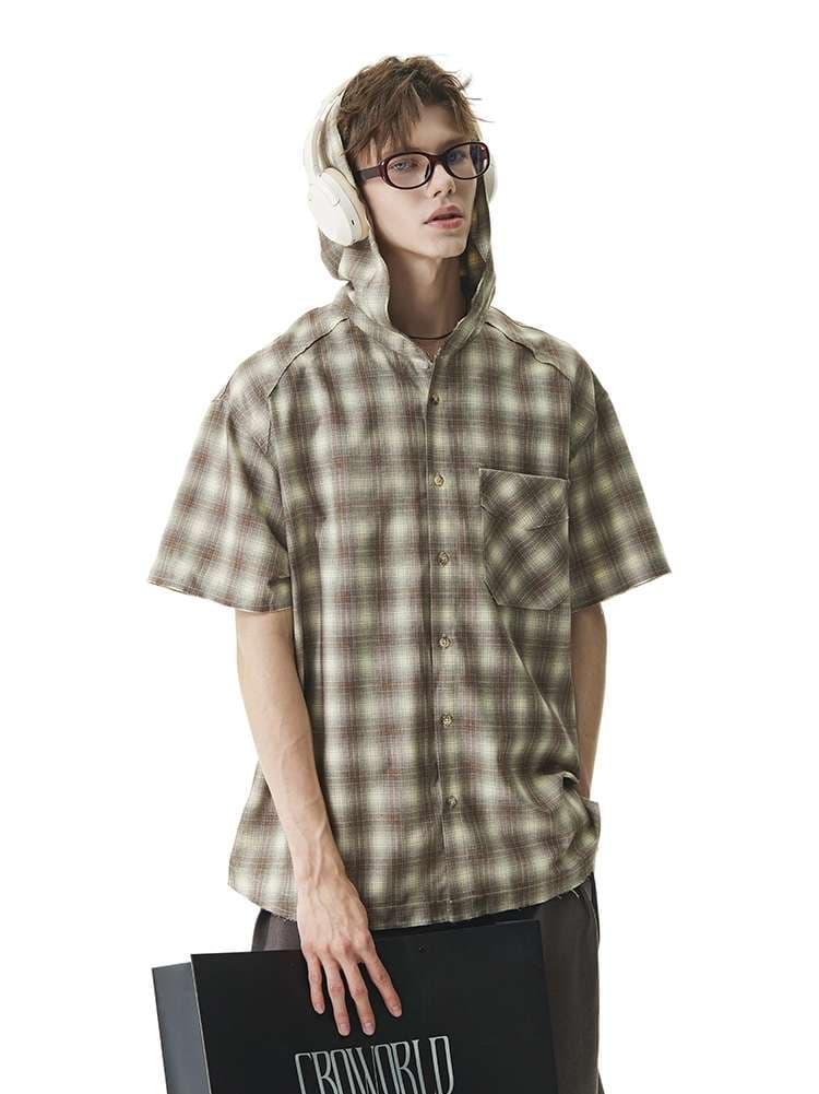 パーカー オーバーサイズフード付きチェック柄シャツ