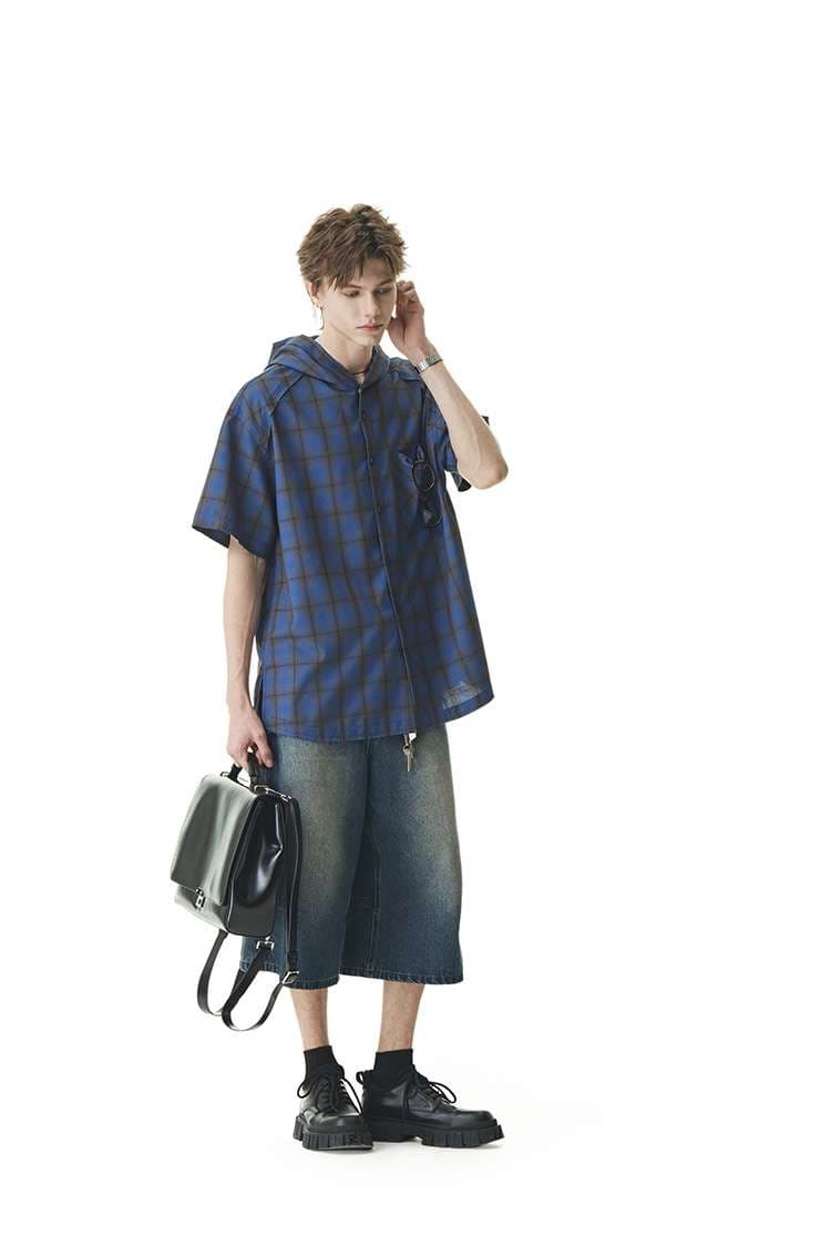 パーカー オーバーサイズフード付きチェック柄シャツ